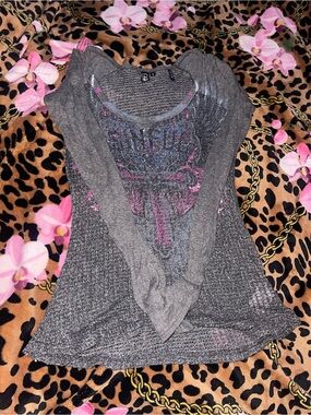 Sinful long sleeve mesh top with pink & purple graphic in Size small